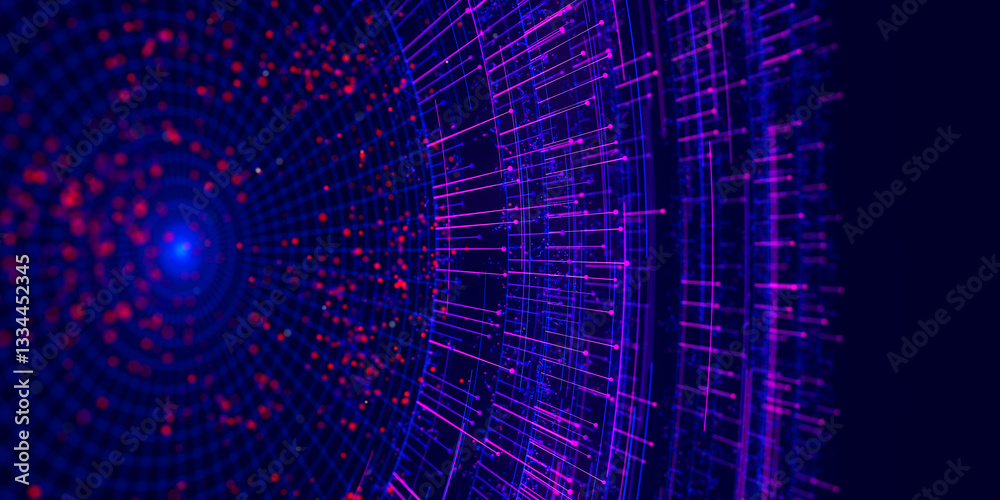 Poster big data complex round graph. quantum computing universe. cyber space of ai technology. futuristic g
