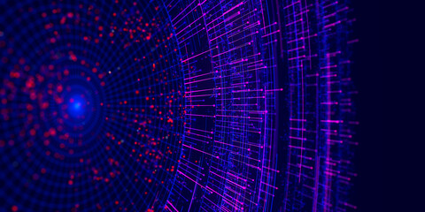 Big Data complex round graph. Quantum computing universe. Cyber space of AI technology. Futuristic graph. Digital information presentation. 3d render illustration