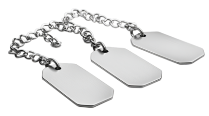 Set of three blank metallic dog tags on chains isolated on transparent background
