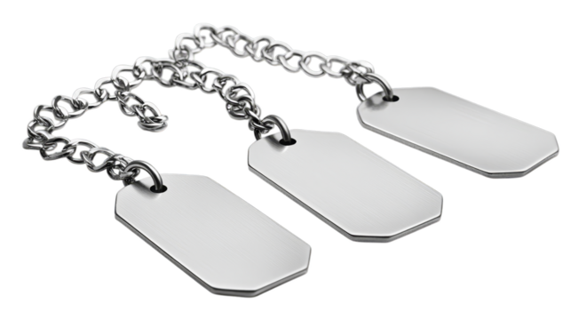 Set of three blank metallic dog tags on chains isolated on transparent background