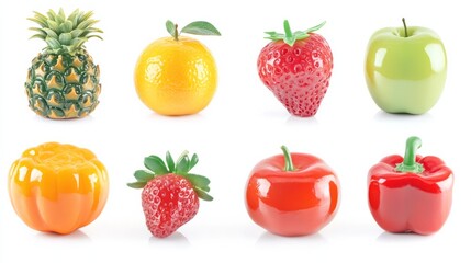 Glossy pineapple, orange, tangerine, strawberry and apple sculptures promoting healthy diet and lifestyle	