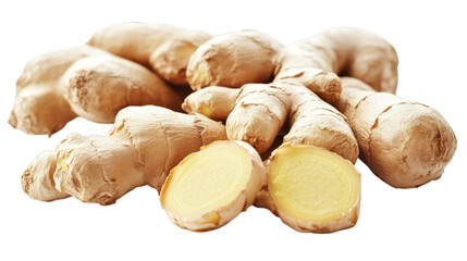 Fresh organic ginger roots with sliced cross-section on transparent background