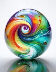  Colorful glass marble with a swirl pattern placed on a white surface.