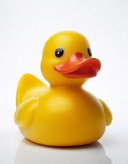 y Single bright yellow rubber duck with a simple design on a white background. 
