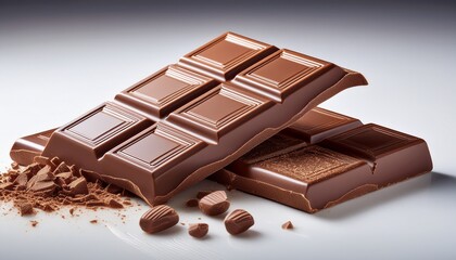 Glossy dark chocolate bar with a broken piece on a white surface.