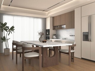 Interior of stylish kitchen and dining area design with nice ambiance, wooden flooring, white kitchen countertop and backsplash, window with curtains, beige refrigerator, wooden furniture. 3D Render