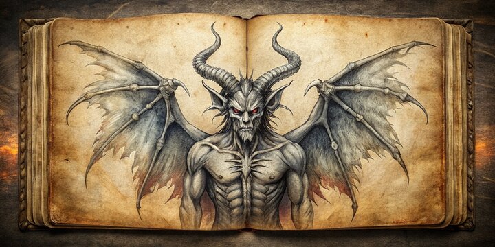 Evil Demon Grimoire Sketch: Dark Fantasy Gothic Art, Satanic Cult, Winged Horror, Medieval Manuscript Illustration
