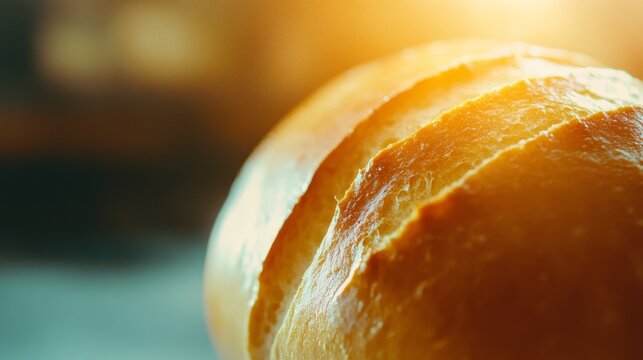 Freshly baked bread loaf with golden crust captured in warm light during bakery hours