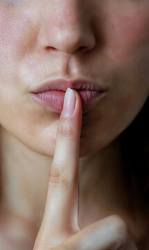 gros plan sur les l&egrave;vres d'une femme qui met son doigt devant sa bouche pour dire chut