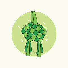 Ketupat rice dumpling asian traditional food illustration in 2d vector for Eid Al-Fitr. Traditional fasting after Ramadan. Rice dish wrapped in woven boxes made of green palm leaves.