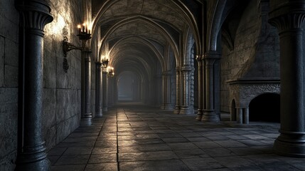 Obraz premium Mysterious Gothic Hallway with Stone Pillars and Fireplace - 3D Render