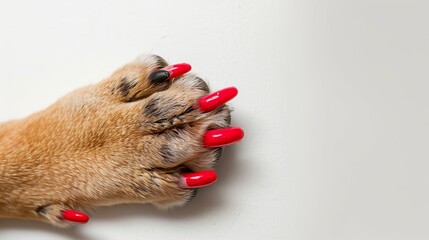 Close up of a pampered dog paw featuring bright red nail polish on the claws against a clean white background