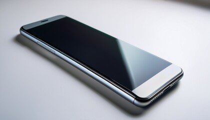 Modern smartphone lying flat on a seamless white surface.