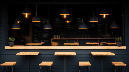A modern bar with black walls, wooden counter, and hanging lamps.