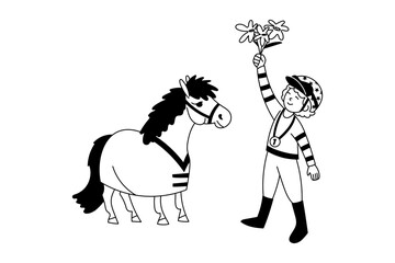 Young jockey with a medal raises flowers next to a pony in a rug, black and white cartoon illustration