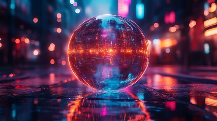 Vibrant orb reflecting neon lights in a city street at night creating an otherworldly atmosphere