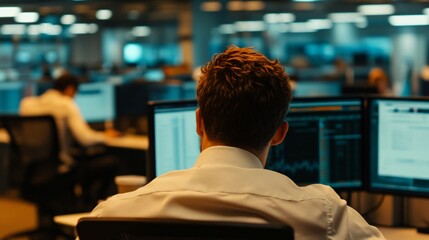 Focused man at work, professional male in a modern office environment, analyzing data on multiple screens, collaborative atmosphere.