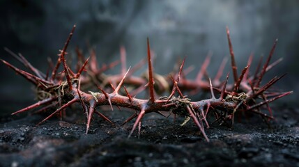 Fototapeta premium Close-up of a woven crown of thorns on rough, dark ground with an out-of-focus background, symbolizing suffering and sacrifice