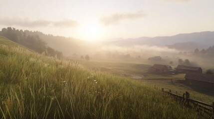 Obraz premium Serene landscape at dawn, misty hills with golden sunlight, tranquil nature scene perfect for contemplation and relaxation.