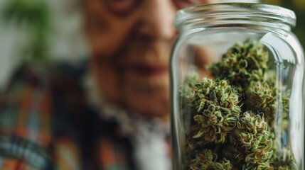Close up of cannabis buds in a glass jar with blurred elderly woman in background, symbolizing senior healthcare and alternative medicine options