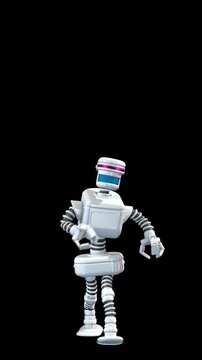 Seamless loop vertical video of a retro robot walking isolated with copyspace, copy space banner. Funny futuristic sci-fi background.