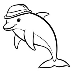 Naklejka premium a cartoon illustration of a dolphin wearing a hat, with a friendly expression and cheerful pose
