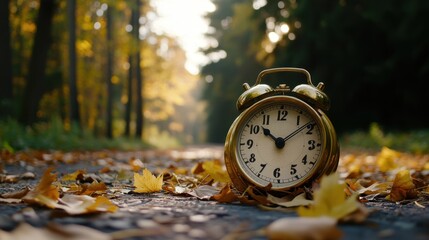Vintage Alarm Clock on Roadside Surrounded by Autumn Leaves