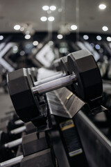 Naklejka premium Gym to emphasis and focus on dumbbells. Concept of professional training, sport and motivation.