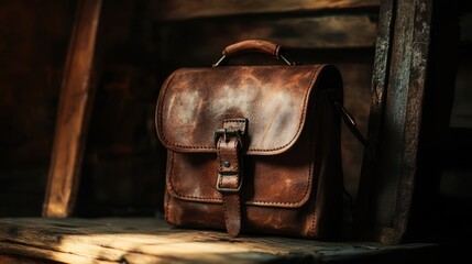 Vintage Leather Messenger Bag on Wooden Surface in Soft Lighting