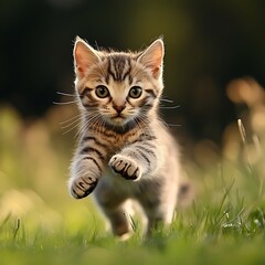 Kitten leaping in a vibrant green meadow in sunlight high resolution picture