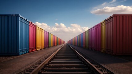 Fototapeta premium Colorful Cargo Containers on Railroad Tracks Leading to Horizon