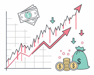 Growing Financial Graph with Money Bag and Coins. Vector illustration showing a rising financial chart with arrows, coins, money bag, banknotes, and market fluctuations.