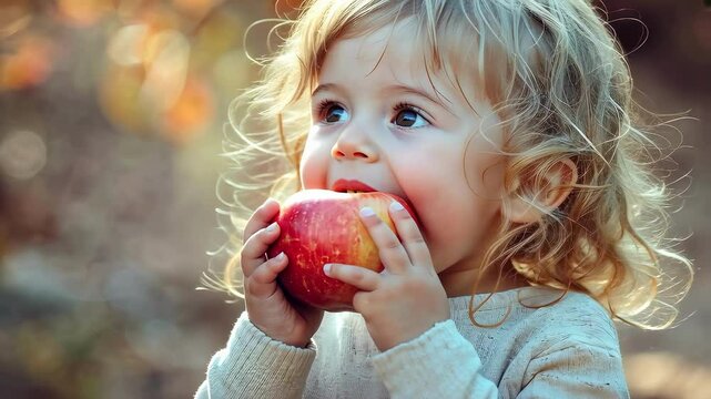the child eats an apple. Selective focus
