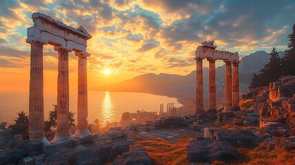 Fototapeta premium Sunset light greek historical ruins high resolution hd background