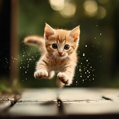 Playful kitten leaping in a sunlit green meadow high resolution picture