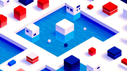 Obraz premium An illustration of a pool surrounded by cubes and balls