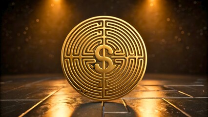 Golden Coin with Labyrinth Design Symbolizing Wealth and Financial Strategy Concepts