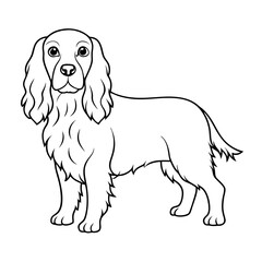a line art illustration of a Cocker Spaniel dog, with a friendly and appealing appearance. The dog is depicted in a standing position with long, wavy ears and a fluffy tail