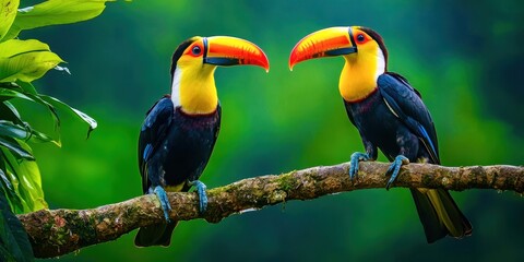 Obraz premium Two birds are perched on a branch, one of which is yellow