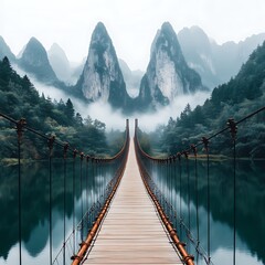 Fototapeta premium Suspension Bridge Across Calm Waters Reflecting Majestic Peaks and Misty Mountain Range in Serene Landscape