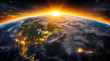 Sunrise over North America, Earth at night.