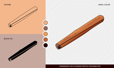 Cinnamon Vector Icon Sheet in realistic or lineal color, outline, and black fill or silhouette. Editable design element of Eid Cooking Spices. Perfect for education or business. Kayu Manis.