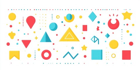 Colorful geometric shapes and dots scattered across a white background