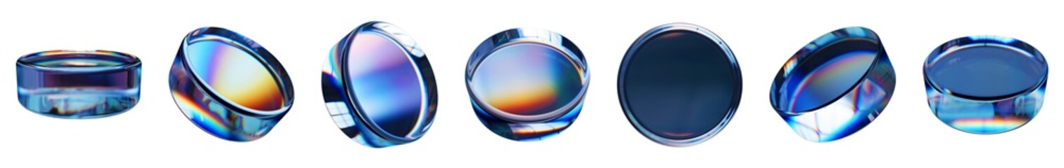 Set of 3d transparent glossy disk with dispersion effect. Rainbow colors reflection glass. 3d glass...