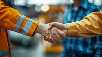 Close up of two engineers shaking hands in a factory after a successful partnership agreement, symbolising industrial teamwork