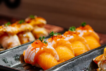 Japanese food. A courseplate of sushi laid out on a plate. Concepcion of Japanese traditional dishes and various menus.