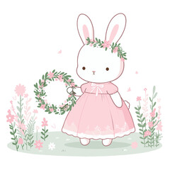 Obraz premium Spring bunny in pink dress with flower crown. Vector illustration for seasonal celebrations and garden party themes.