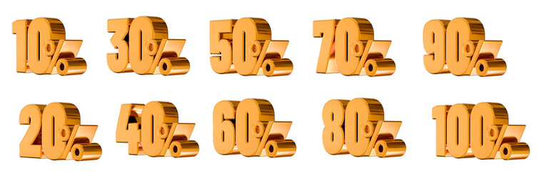 Gold fifty percent isolated on white. Fifty 50% income or 50% off on sale. 3d rendering. Set of gold discount percentages from 10 to 100. Concept: sale, promotion, advertising, benefit, finance, gain