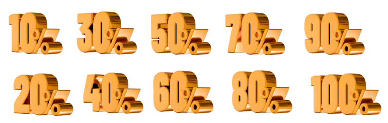 Gold fifty percent isolated on white. Fifty 50% income or 50% off on sale. 3d rendering. Set of gold discount percentages from 10 to 100. Concept: sale, promotion, advertising, benefit, finance, gain