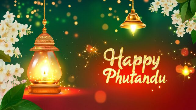 Happy Phutandu banner with bright color background like red, gold, and green, jasmine flower, mango leaf, and oil lamp with smooth texture, ai generated images.